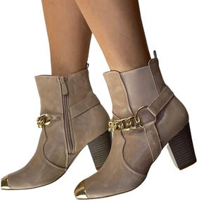 Nude Ankle Boots with Metallic Toe & Gold Chain Accents Size 8